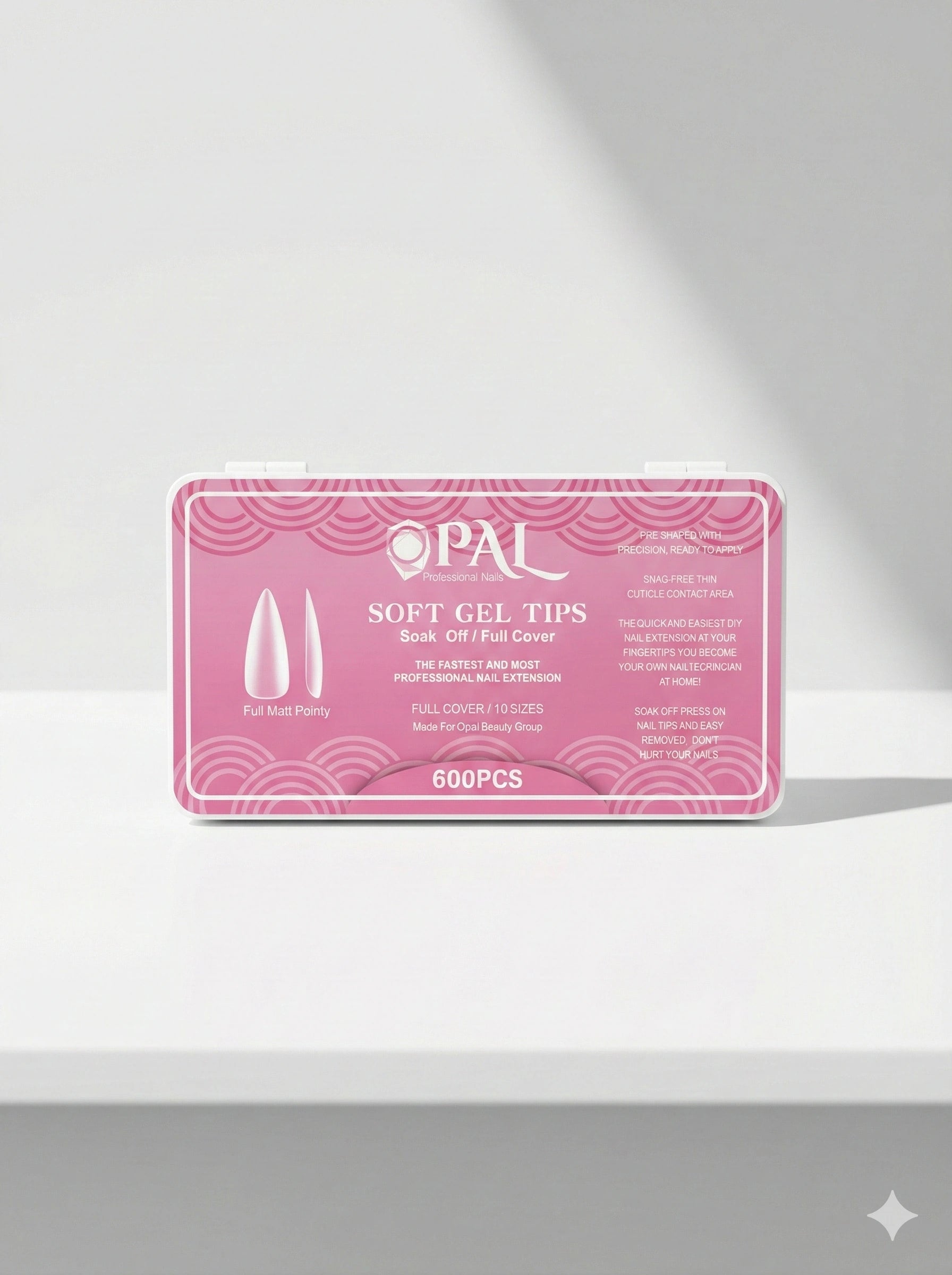 OPAL Professional soft gel nail tips 600 pieces full matt pointy shape soak-off full cover extensions in turquoise packaging
