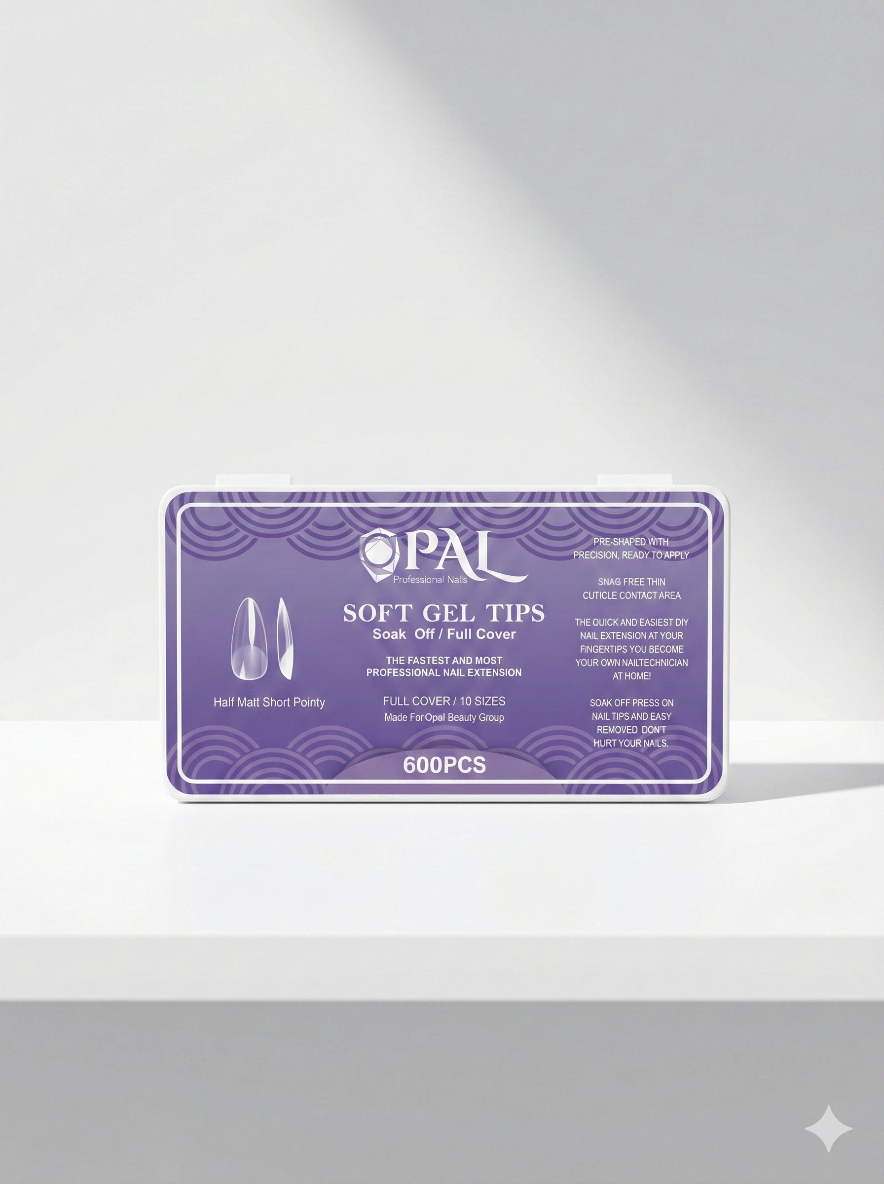 OPAL Professional soft gel nail tips 600 pieces short matt pointy shape soak-off full cover extensions in turquoise packaging