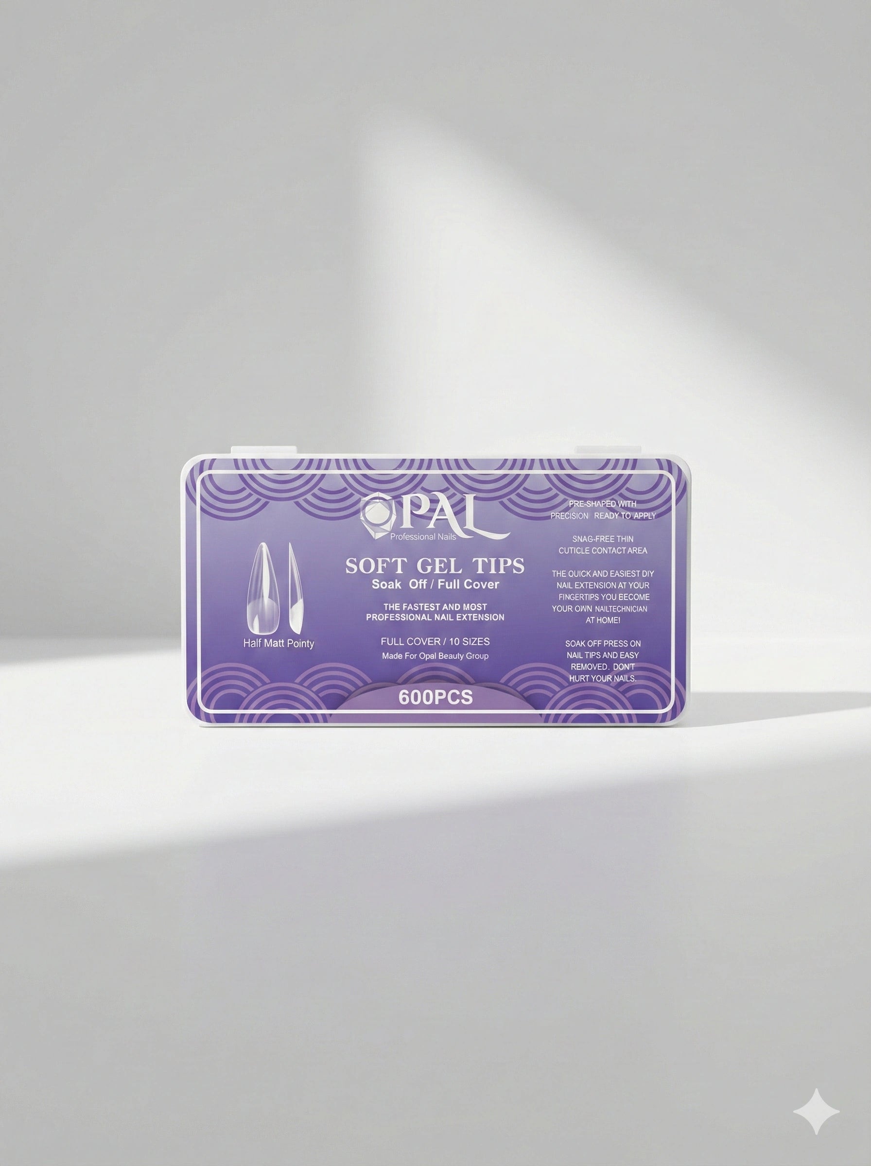 OPAL Professional soft gel nail tips 600 pieces Half Matt Pointy shape soak-off full cover extensions in turquoise packaging