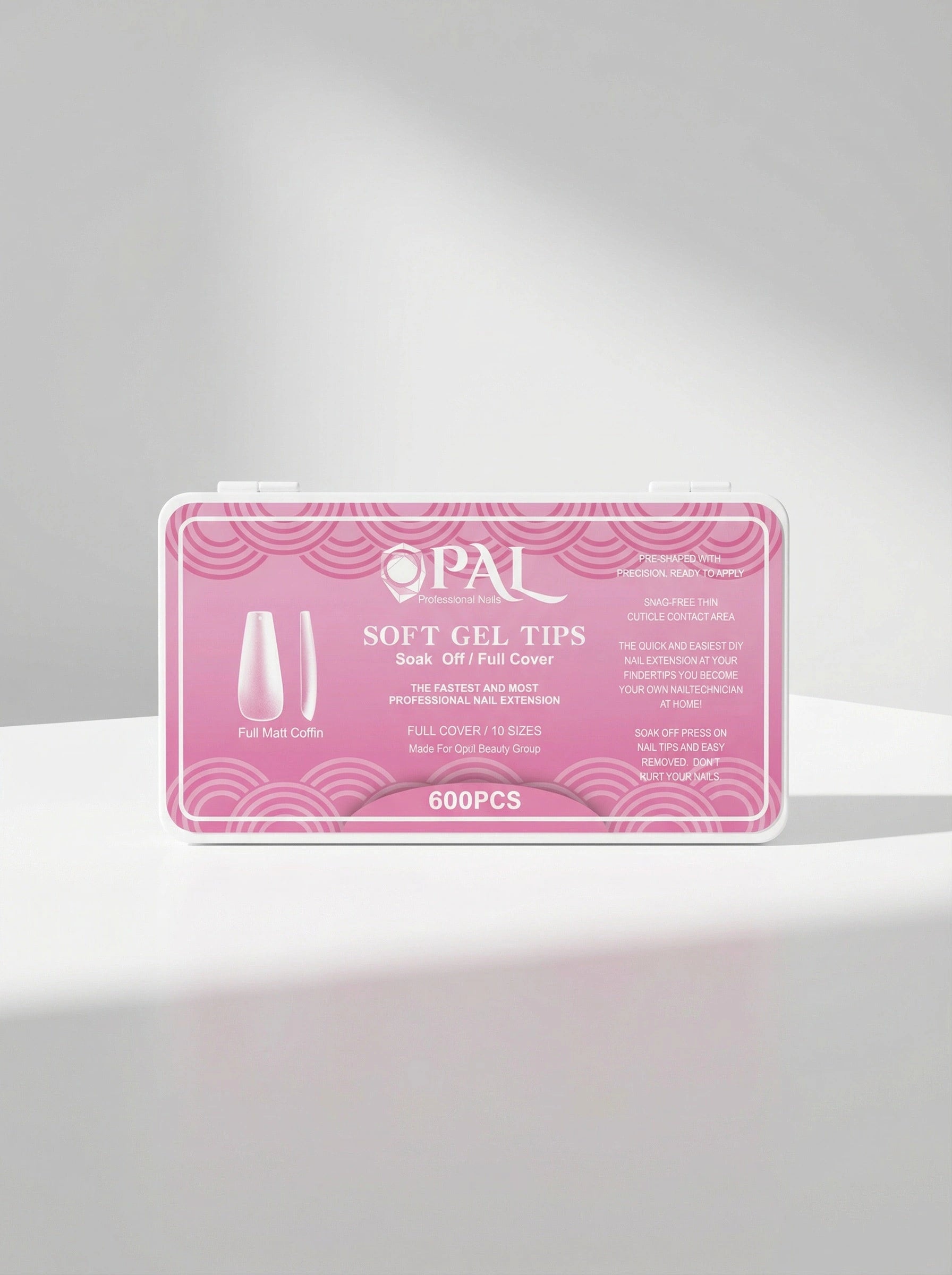OPAL Professional soft gel nail tips 600 pieces full coffin shape soak-off full cover extensions in turquoise packaging
